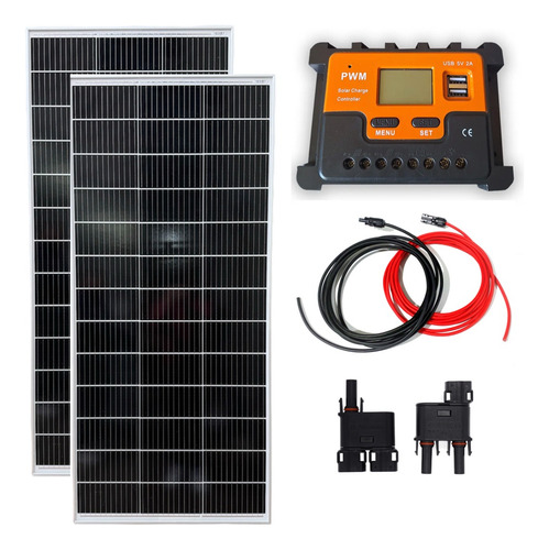 Pack X 2 Panel Solar 200w Monocristalino 12v Amerisolar Regulador Pwm 30a con Cable